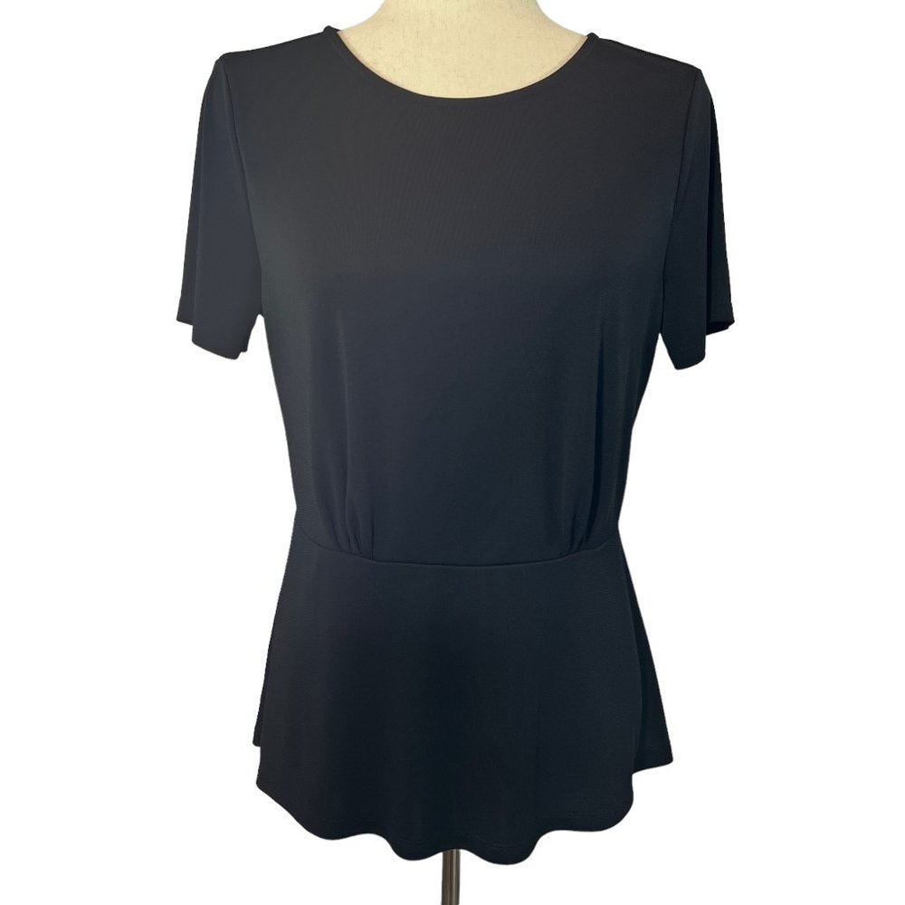 LN Ann Taylor Petite Black Stretch Short Sleeve Peplum Top Blouse Size MP